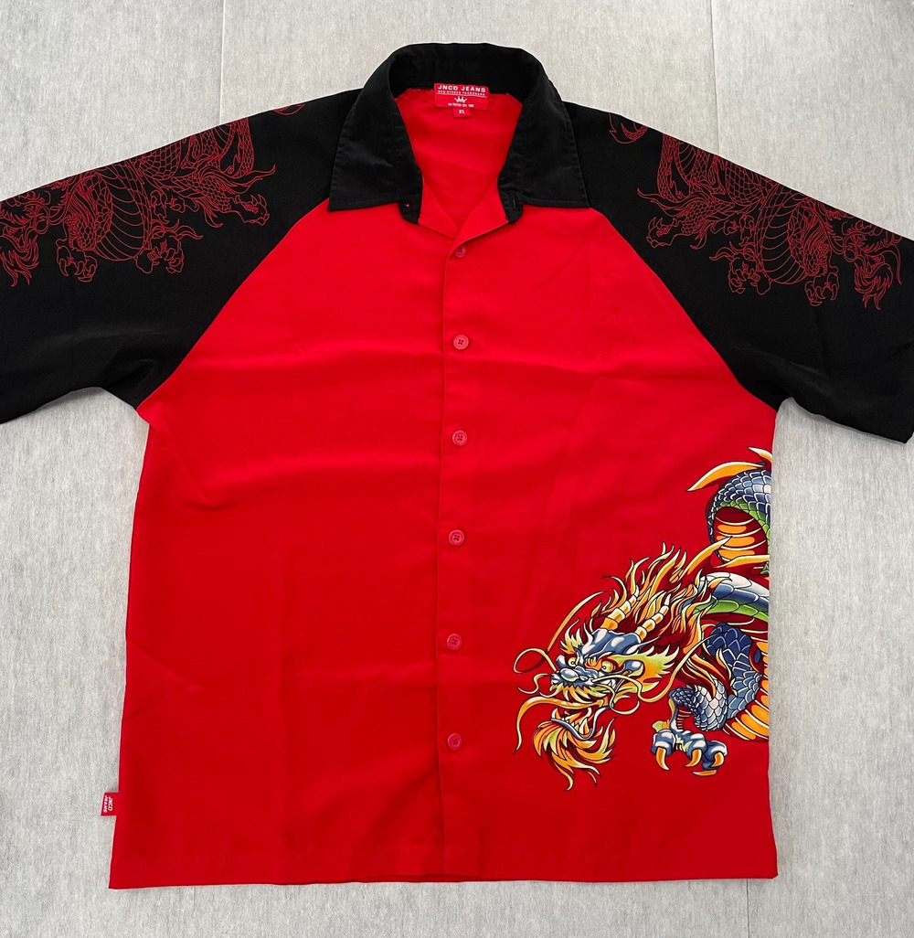 VINTAGE Jnco Jeans Shirt Adult XL Red Dragon Short Sleeve Button Up Streetwear